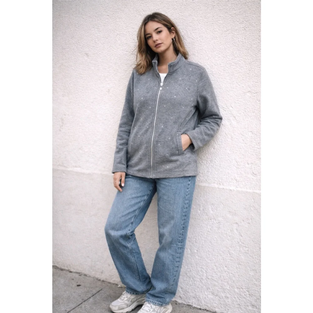 Quacker Factory Gray Rhinestone Zip Jacket Women’s Large Sparkle Sweatshirt - Picture 2 of 8